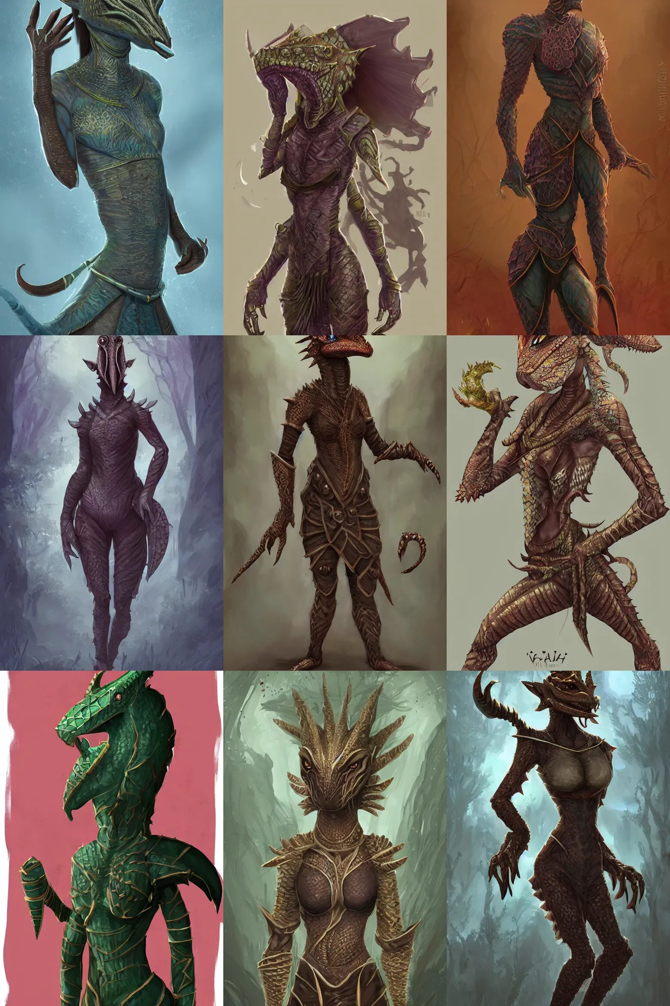 Prompt: african argonian! body! in full, entire body, epic fantasy beautiful anthropomorphic sentient creature cute female elegant warrior clothing digital art by loish and oriana menendez and alexandre chaudret west africa patterns color style body, smooth, artstation, unreal, foggy, atmospheric, bloom, vignette