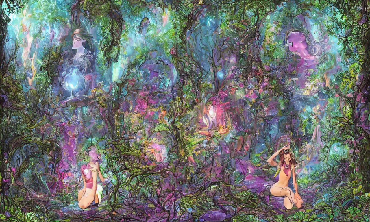 Prompt: woman discovers a mirror portal in her garden. the dimensional gateway leads to a mystical forest, pixiv fanbox, dramatic lighting, maximalist pastel color palette, splatter paint, pixar and disney concept, graphic novel by fiona and dustin nguyen, peter elson, alan bean, wangechi mutu, clean cel shaded vector art, on artstation
