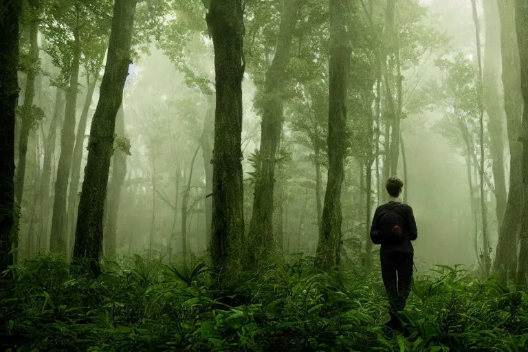 Image similar to a tourist visiting a complex organic fractal sphere floating in a lush forest, foggy, cinematic shot, photo still from movie by denis villeneuve