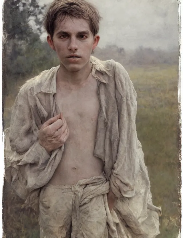 Prompt: portrait of handsome peasant boy with dirty face, cottage core, cinematic focus, polaroid photo bleached vintage pastel colors high - key lighting, soft lights, foggy, by steve hanks, by lisa yuskavage, by serov valentin, by tarkovsky, detailed, oil on canvas