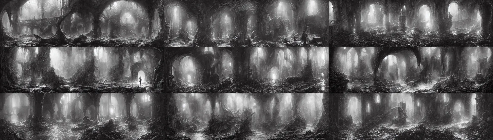 Prompt: deep water flows through waist - deep flooded sewer tunnels. fantasy art, underground, stream, crumbling masonry, darkness, sewage falling from grates, abandoned spaces, torchlight. sketch art. roots, mud, mushrooms, d & d. by gustave dore and greg rutkowski.