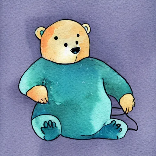 Image similar to a bear dreaming a thought bubble with a mouse in it, watercolor