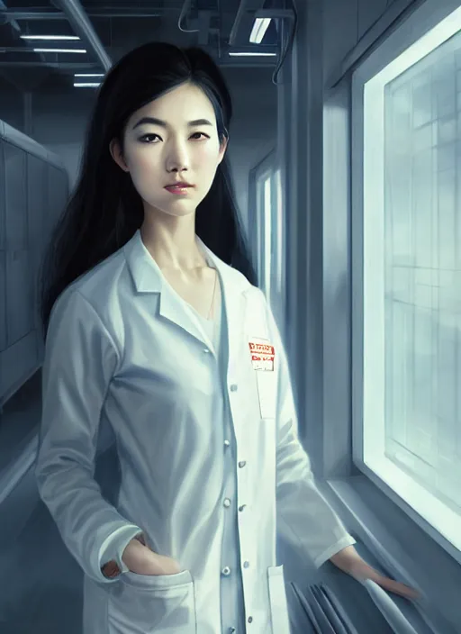 Prompt: beautiful asian girl, wearing lab coat, standing inside a research facility, character portrait, 1 9 6 0 s, long hair, intricate, elegant, highly detailed, digital painting, artstation, concept art, smooth, sharp focus, illustration, art by wlop, mars ravelo and greg rutkowski