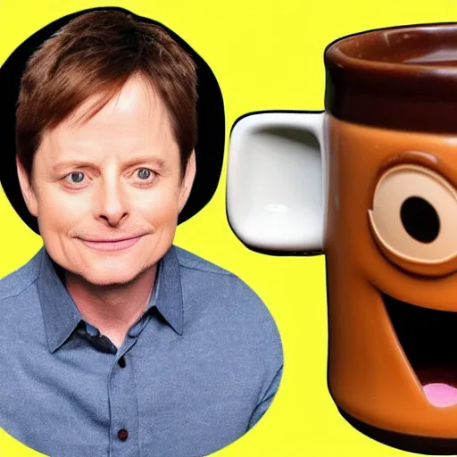 Image similar to Michael J Fox drinking coffee put a poop emoji mug