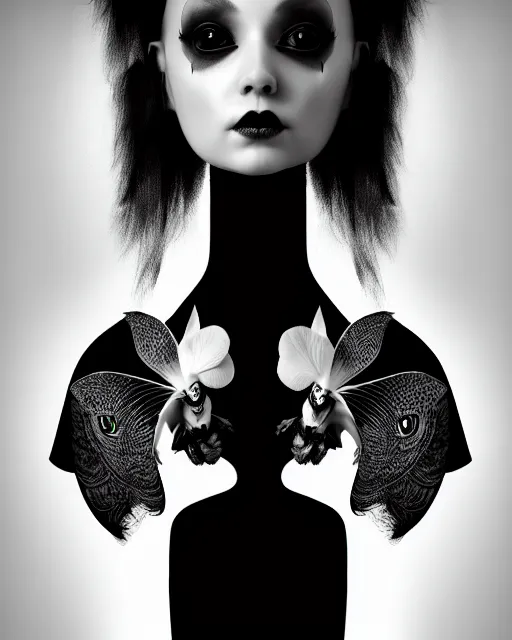 Image similar to surreal mythical dreamy dark artistic black and white fine art 3 / 4 fashion portrait photo of a young beautiful delicate female robot - witch - owl with orchid - doll face, rim light, cinematic, studio dramatic light, poetic, masterpiece, octane render, 8 k, photo