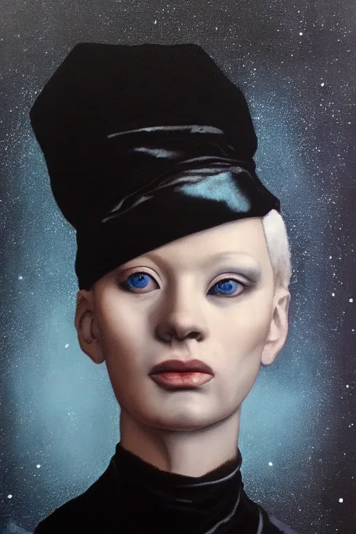 Image similar to hyperrealism oil painting, close - up portrait of albino medieval fashion model, black silk, steel gradient mixed with nebula sky, in style of baroque