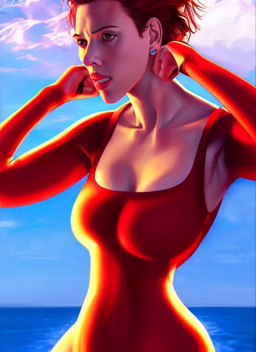 Image similar to 4k 8k photorealistic torso headshot portrait of Scarlett Johansson in tight fit contact red swimsuit reflective; @@Evangelion@@ anime. Beach vacation scene. by James Jean, Zac Retz, pixiv