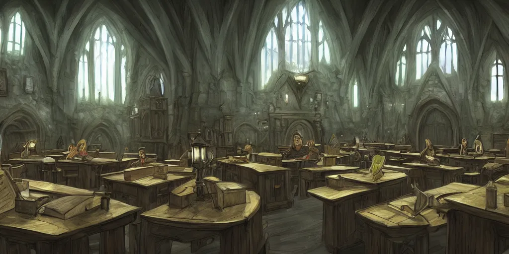 Prompt: an environmental concept art of a hogwarts castle potions classroom, students, professor snape, highly detailed, environmental light, cinematic by francis tneh