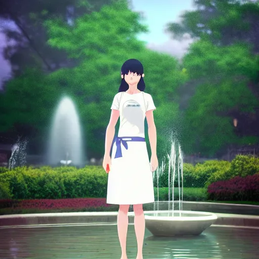 Prompt: a full body portrait of a young woman wearing a white apron standing in front of a fountain in a park, makoto shinkai, james gilleard, very detailed, matte, gaussian blur, tone mapped William-Adolphe, photo taken with Sony a7R