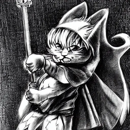 Image similar to Baby Kitten as a knight, highly detailed, black and white, manga, art by Kentaro Miura