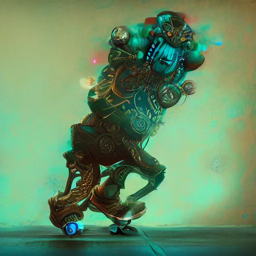 Prompt: beautiful symmetrical boy on a skateboard surrounded by machine axonometric fantasy intricate elegant highly detailed in volumetric turquoise steampunk, high contrast cinematic light, mystical shadows, octane render, photographic, unreal engine 8 k