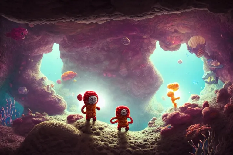 Prompt: an expedition of crochet astronauts discovering a mysterious cave underwater. cute, illustration, digital art, inspired by little big planet, by greg rutkowski, detailed, sharp, masterpiece, highly detailed, photorealistic, octane render, 8 k, unreal engine 5, trending on artstation, vivid colors