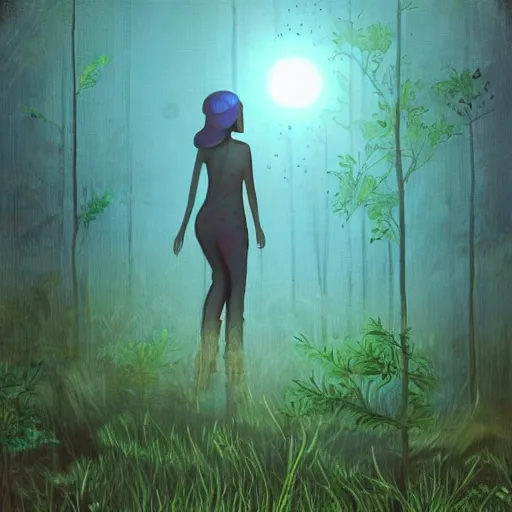 Prompt: a dirty lost person is following a floating blue glowing ball of light through the swampy forest, art by Afda Trihatma .