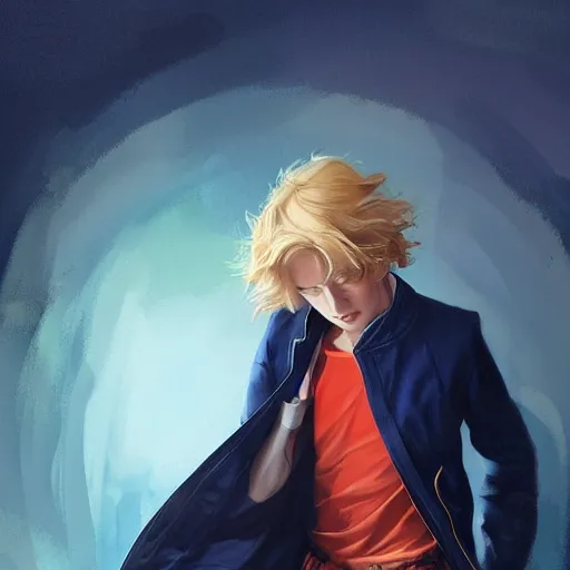 Image similar to colorful and festive captivating young boy with wavy blonde hair, navy blue jacket and blue shorts, with big brown boots. rich vivid colors, ambient lighting, dynamic lighting, 4 k, atmospheric lighting, painted, intricate, highly detailed by charlie bowater