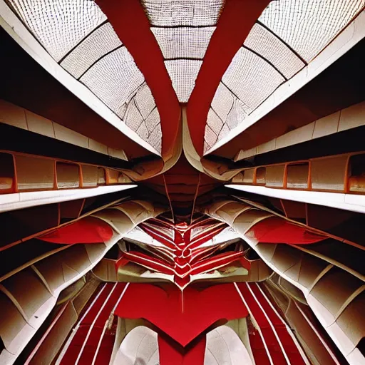 Image similar to interior of a futuristic lotus temple space station with gold, red and white marble panels, by buckminster fuller and syd mead, intricate contemporary architecture, photo journalism, photography, cinematic, national geographic photoshoot