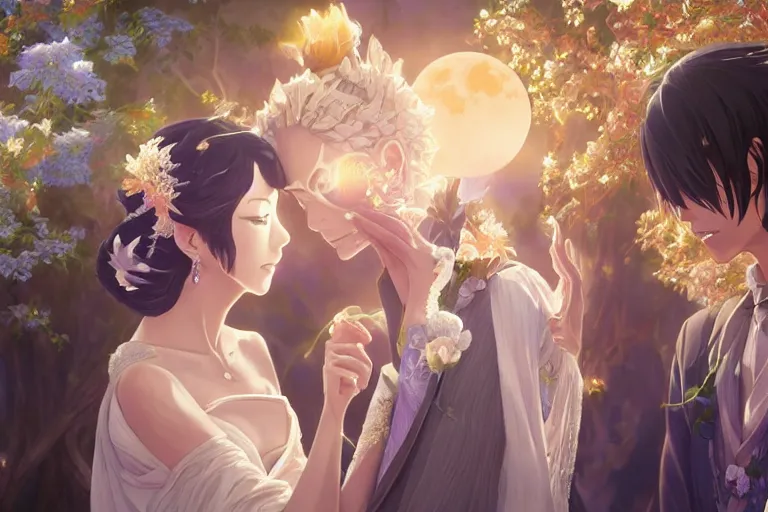 Image similar to a dreamlike portrait of wedding close up moment of a divine a japan sun god and moon goddess lovers magician at a wedding banquet. highly detailed, digital painting, fantasy wedding screen, 8 k realistic, hyper detailed, by makoto shinkai and akihiko yoshida and hidari and wlop