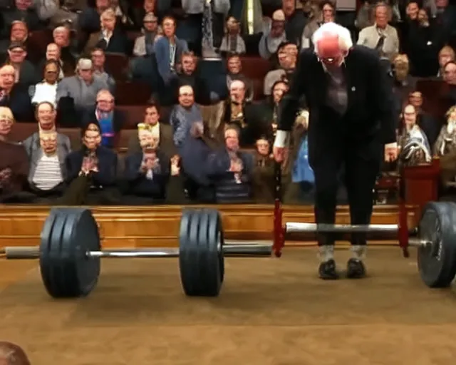 Prompt: bernie sanders deadlifting, 200lb barbells, in senate chambers