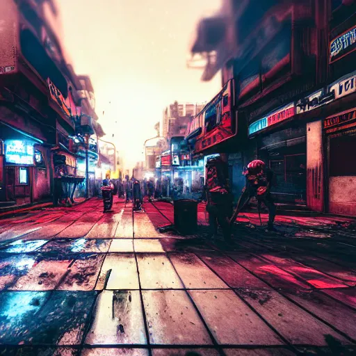 Image similar to photograph of a riot in a cyberpunk city street, first person view