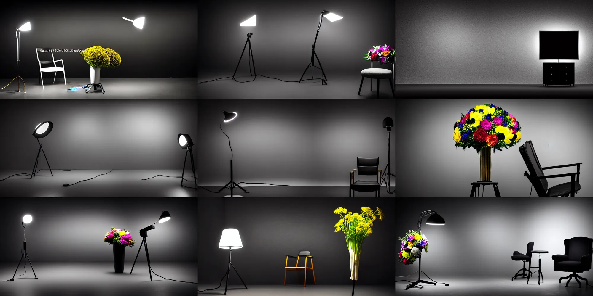 Prompt: detailed studio photograph, wide angle, black background! pitch black! low light studio setting, darkness, high quality, elegance, tv production, pitch black background, single chair, standing lamp luxury, famous designer lamp, single chair, tall colorful flower bouquet oppulent