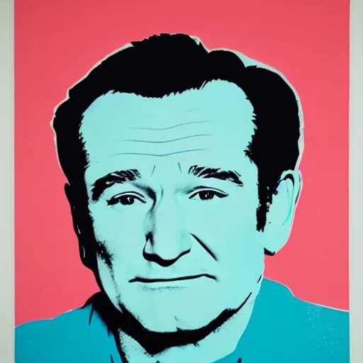 Image similar to silkscreen and lithography to create robin williams in the style of andy warhol