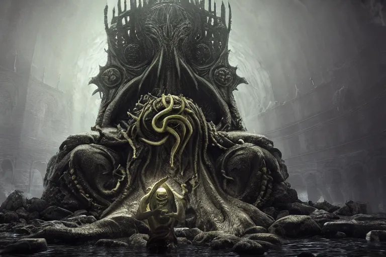 Image similar to cthulhu sitting on a throne in an underwater ruins, dark souls inspired, elden ring inspired, octane render, rtx, unreal engine 5, digital painting, trending on artstation, highly detailed, epic composition, 8 k uhd