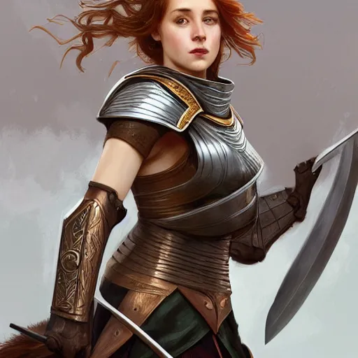 Image similar to Portrait of young girl knight shining armor longsword shieldmaiden, long auburn hair, brown eyes, intricate, elegant, highly detailed, digital painting, artstation, concept art, smooth, sharp focus, illustration, art by artgerm and greg rutkowski and alphonse mucha and andrei riabovitchev