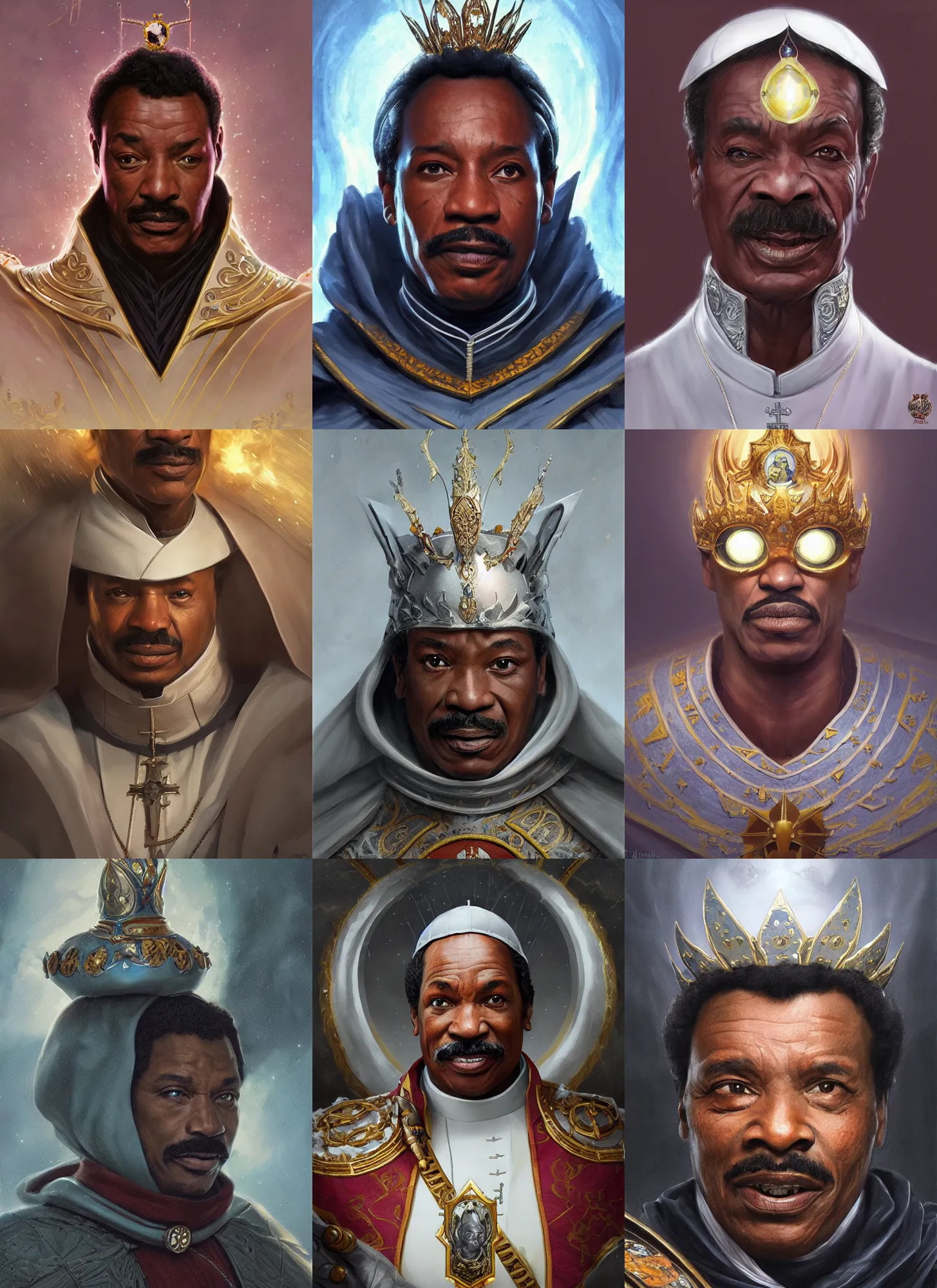 Prompt: pope lando calrissian, papal tiara, fantasy, highly detailed, portrait, digital painting, trending on artstation, concept art, sharp focus, illustration, art by artgerm and greg rutkowski and magali villeneuve