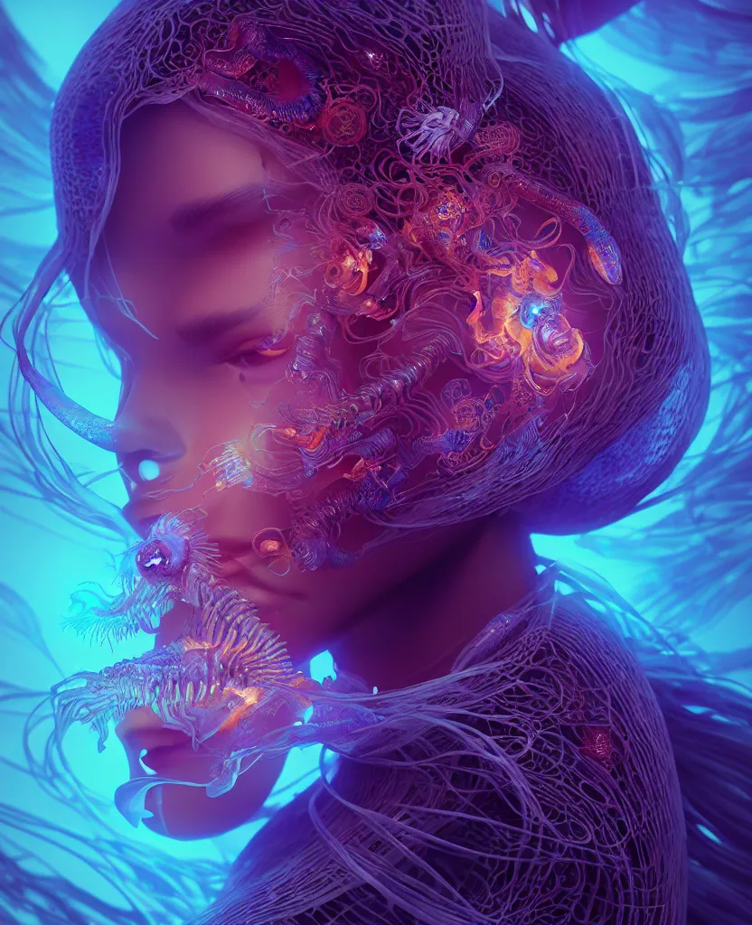 Image similar to goddess close-up portrait. orchid jellyfish phoenix head, nautilus, skull, betta fish, bioluminiscent creatures, intricate artwork by Tooth Wu and wlop and beeple. octane render, trending on artstation, greg rutkowski very coherent symmetrical artwork. cinematic, hyper realism, high detail, octane render, 8k