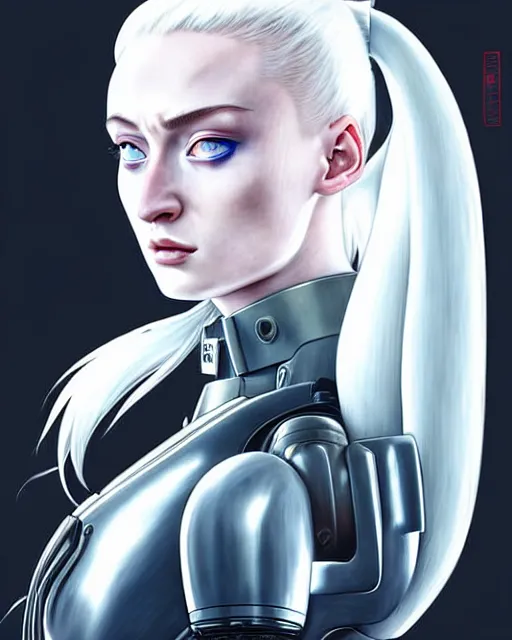 Image similar to white haired cyborg sophie turner wears xenomorph gas mask, fine detail!! anime!! realistic shaded lighting!! poster by ilya kuvshinov katsuhiro otomo ghost in the shell, rutkowski giger villeneuve artgerm garmash and rob rey