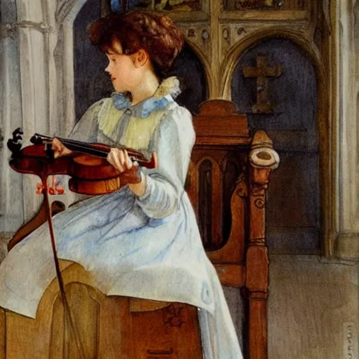 Image similar to A young edwardian woman playing a violin inside a church, in the style of carl larsson