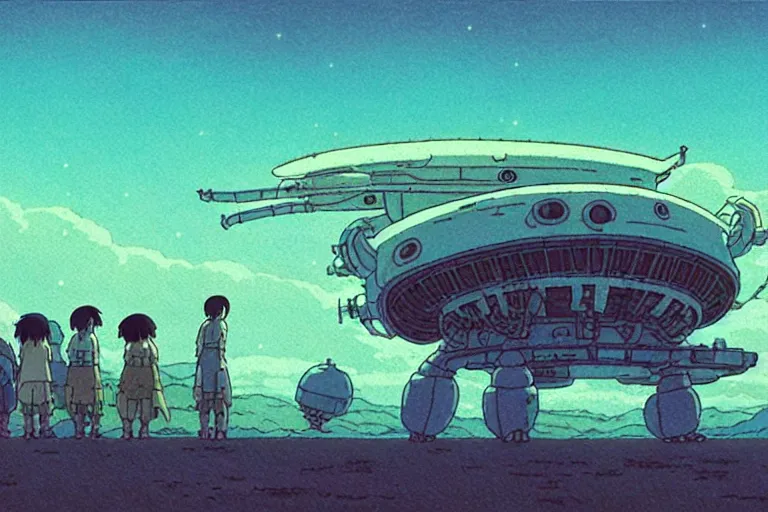 Image similar to a still from a studio ghibli film of an alien mothership from princess mononoke ( 2 0 0 4 ) at night on a desert road, full body, wide shot, very muted colors, post grunge, studio ghibli, laurie greasley, highly detailed, deviantart, art by artgem