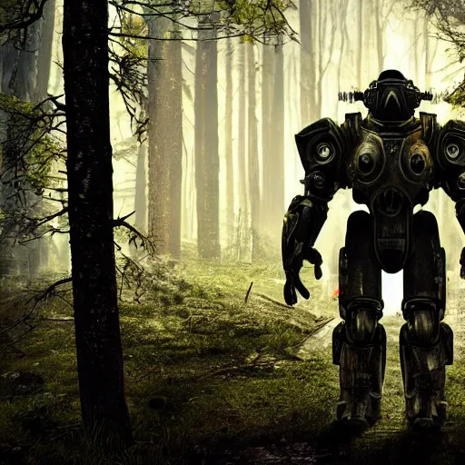 Image similar to T-45 power armor stands against the background of a radioactive forest, graphics, fallout 4 render, 3d computer render, maximum details, rain, night, spotlight,