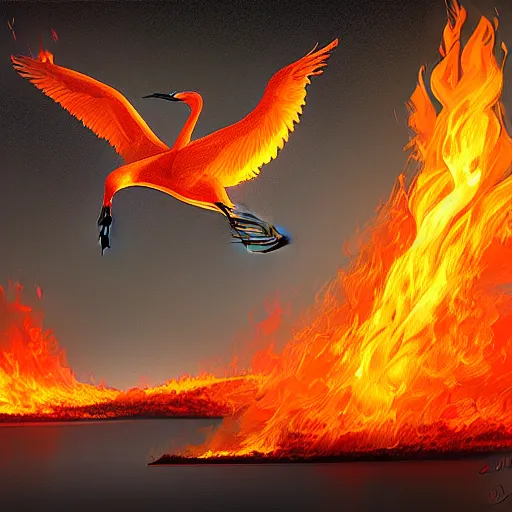 Image similar to in the lower part of the picture is the harp burning in the fire, above are cranes flying in flames, digital painting, concept art