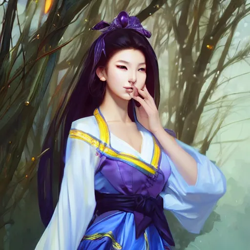 Image similar to ahri wearing a hanbok!!!, attractive, modern, victoria's secret, highly detailed, digital painting, artstation, concept art, smooth, sharp focus, illustration, art by artgerm, greg rutkowski and alphonse mucha