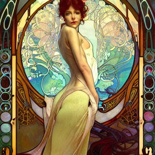 Prompt: realistic detailed painting of a woman floating in a glowing cylinder in a science fiction laboratory by Alphonse Mucha, Ayami Kojima, Amano, Charlie Bowater, Karol Bak, Greg Hildebrandt, Jean Delville, and Mark Brooks, Art Nouveau, Neo-Gothic, gothic, rich deep colors