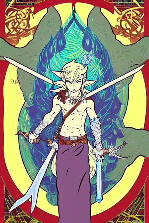 Image similar to link as the fierce diety form with white hair!! from the legend of zelda!! portrait illustration, pop art, splash painting, art by geof darrow, ashley wood, alphonse mucha, makoto shinkai