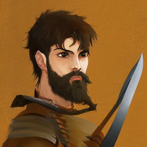 Image similar to portrait of a young medieval swordsman with a beard holding his sword highly detailed, digital painting, concept art, sharp focus, by makoto shinkai