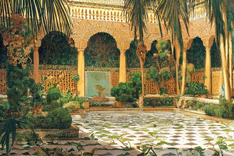 Prompt: painting of a beautiful moorish palace courtyard garden, by rudolf ernst and maxfield parrish, patterned tilework, palm trees, tiled fountains, extremely detailed, cinematic lighting, smooth sharp focus