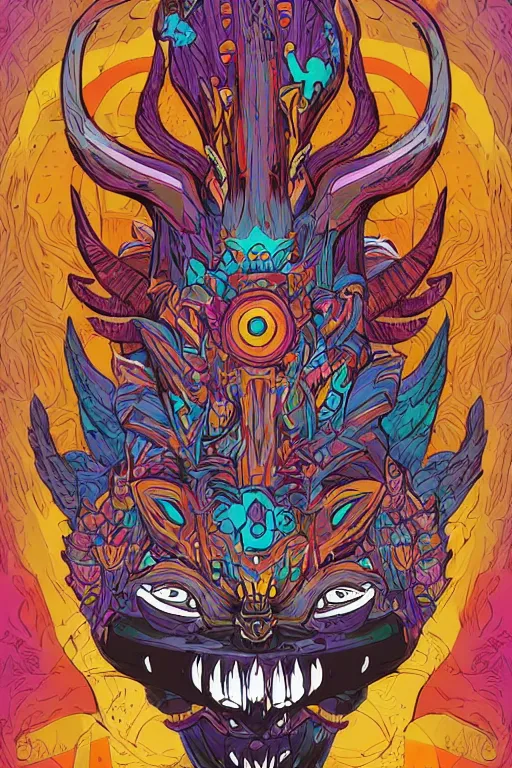 Image similar to animal mask totem roots flower tribal feather gemstone plant wood rock shaman vodoo video game vector cutout illustration vivid multicolor borderlands comics by josan gonzales and dan mumford radiating a glowing aura