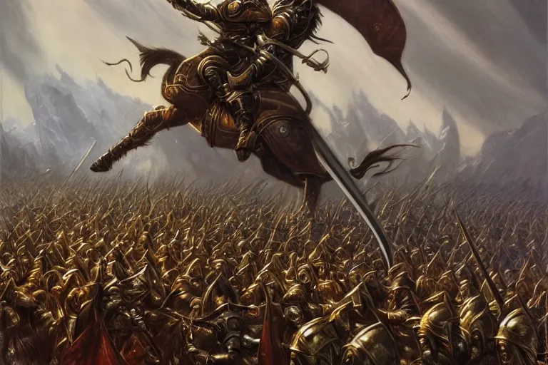 Image similar to high elf hero in gold armor with glorious sword facing hordes of orcs in an epic battle by John Howe