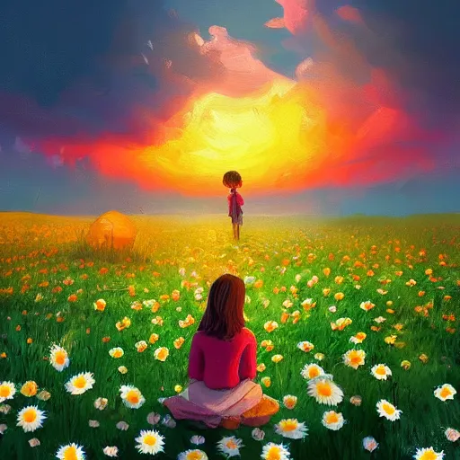 Image similar to giant daisy flower as head, girl sitting in a flower field, surreal photography, sunrise, dramatic light, impressionist painting, colorful clouds, digital painting, artstation, simon stalenhag