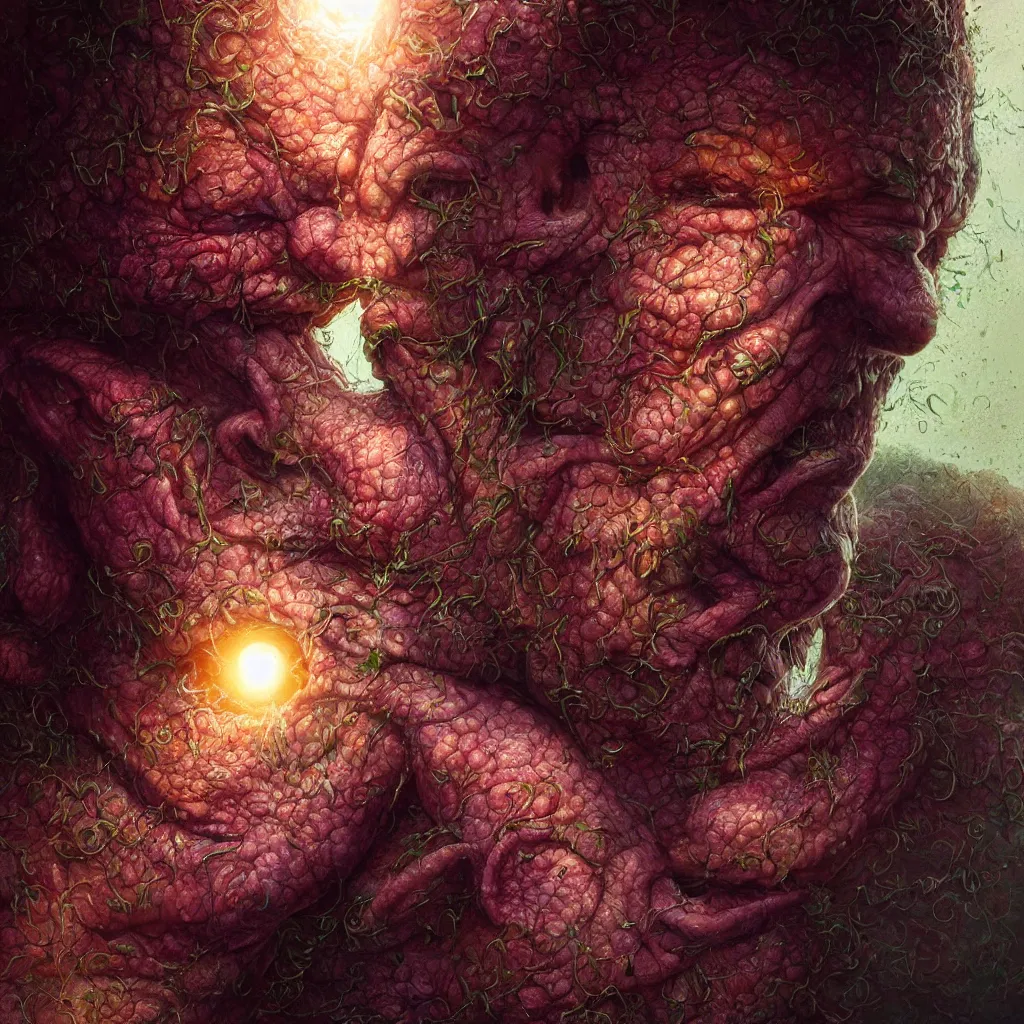 Image similar to extremely detailed cinematic movie still portrait of happpy rainbow dwarf eating mashroom hyperreal skin face by denis villeneuve, wayne barlowe, simon birch, marc simonetti, philippe druillet, beeple, alex grey bright volumetric sunlight, rich moody colors, closeup, bokeh