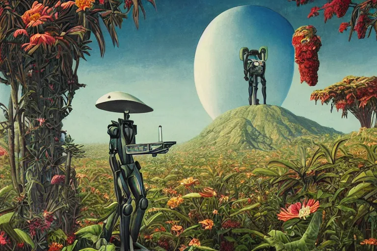 Image similar to evangelionic illustration, gigantic pleasure man head, a lot of exotic vegetation, trees, tremendous pleasure robot, flowers, oldschool vintage sci - fi flat surreal design, super - detailed, oil painting by moebius, hd, 4 k, high quality