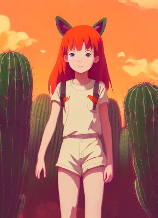 Image similar to portrait of cute redhead girl in orange jumpsuit with fox ears, holding a cactus, cloudy sky background lush landscape illustration concept art anime key visual trending pixiv fanbox by wlop and greg rutkowski and makoto shinkai and studio ghibli