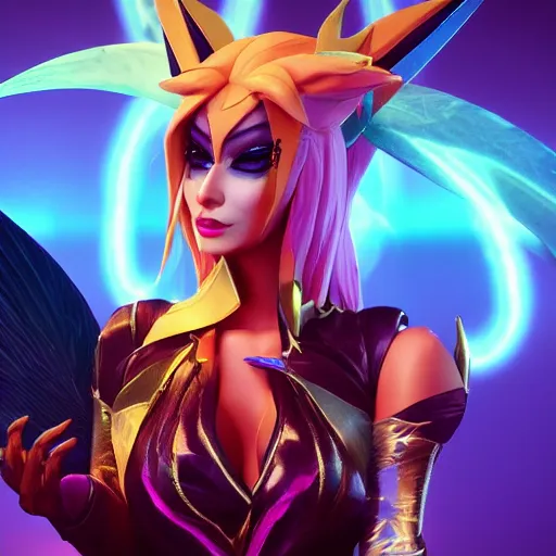 Prompt: still of pretty Xayah (League of Legends) in KDA More music video. 3d render, octane render, game art, realistic, highly detailed, trending on artstation, 4k, trending on artstation, pixar, cgsociety, unreal engine 5, redshift render, trending on artstation, blender, behance, cg