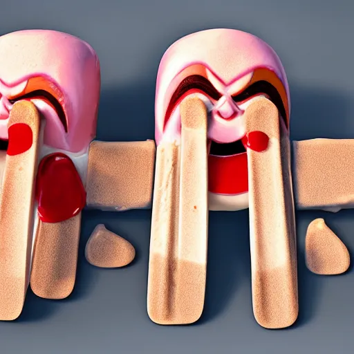 Prompt: ice cream popsicle shaped like screaming chucky doll, octane render, centered, slightly melted