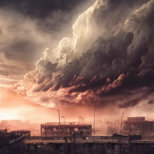 Prompt: photorealistic post apocalyptic sky bombardment with beautiful dramatic moody lighting and cinematic atmosphere massive apartment complex