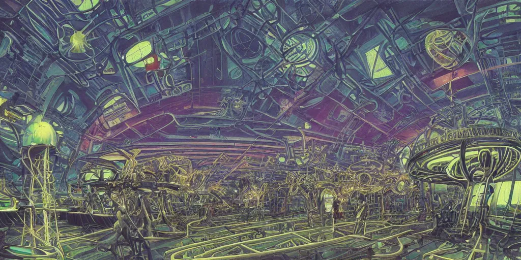 Image similar to wide shot, interior of an alien spaceship, futuristic, surrealism, sci - fi, heavy machinery, humanoids working, neon tubes crepuscular rays, ray tracing, by patrick woodroffe and mike worrall