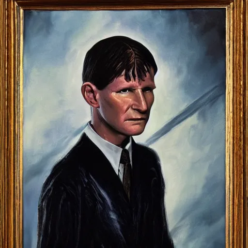 Prompt: a young crispin glover as a dark fantasy wizard, oil painting, 8 k, cover of a book, ominous, heroic