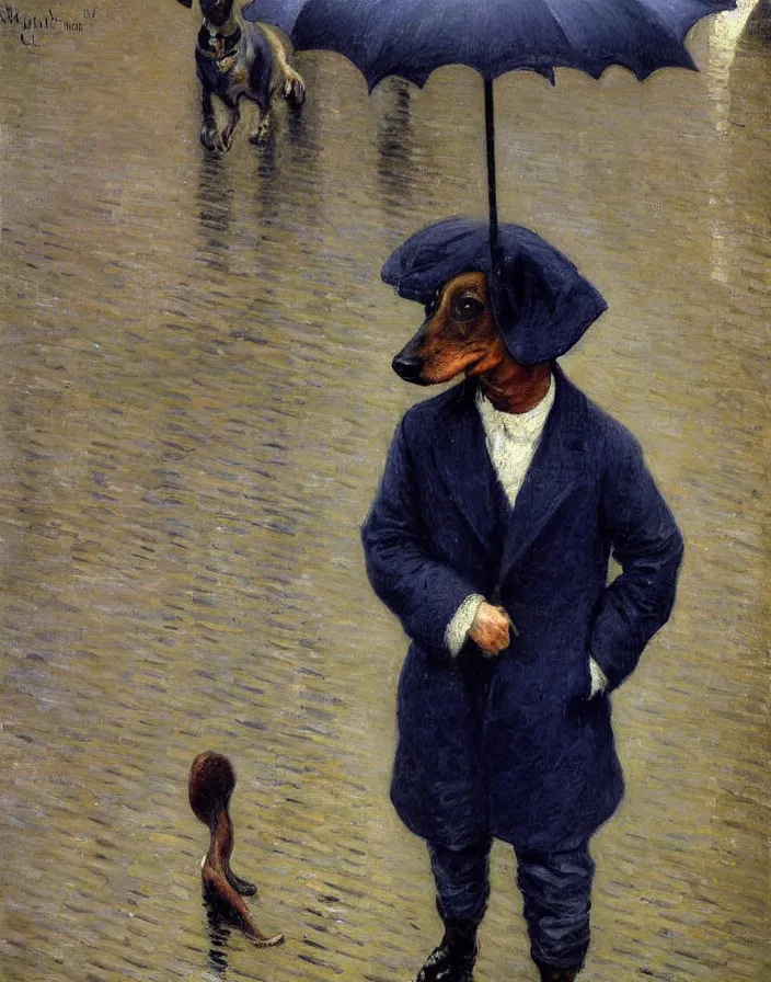 Image similar to Dachshund in rainy weather in Paris, oil painting by Gustave Caillebotte